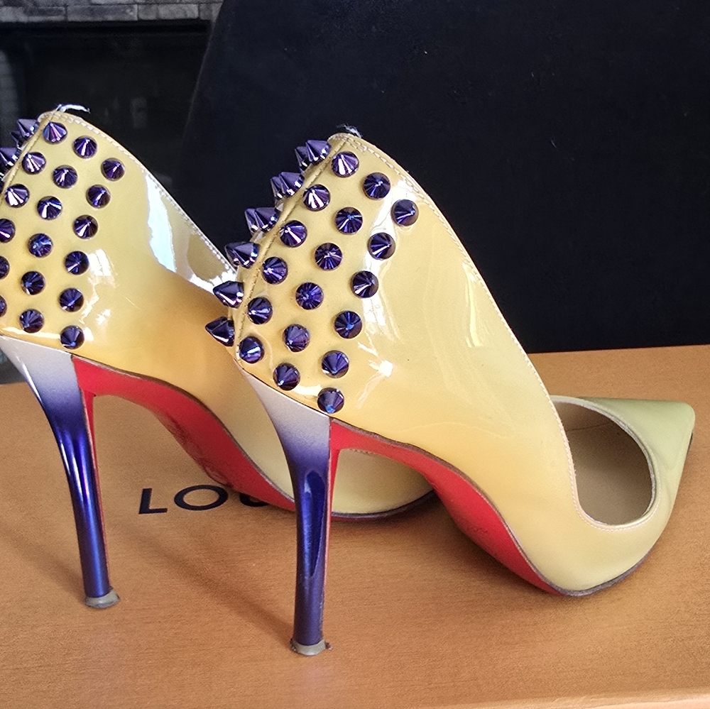Christian Louboutin Yellow Patent Spike-Back Pointed Toe Pumps